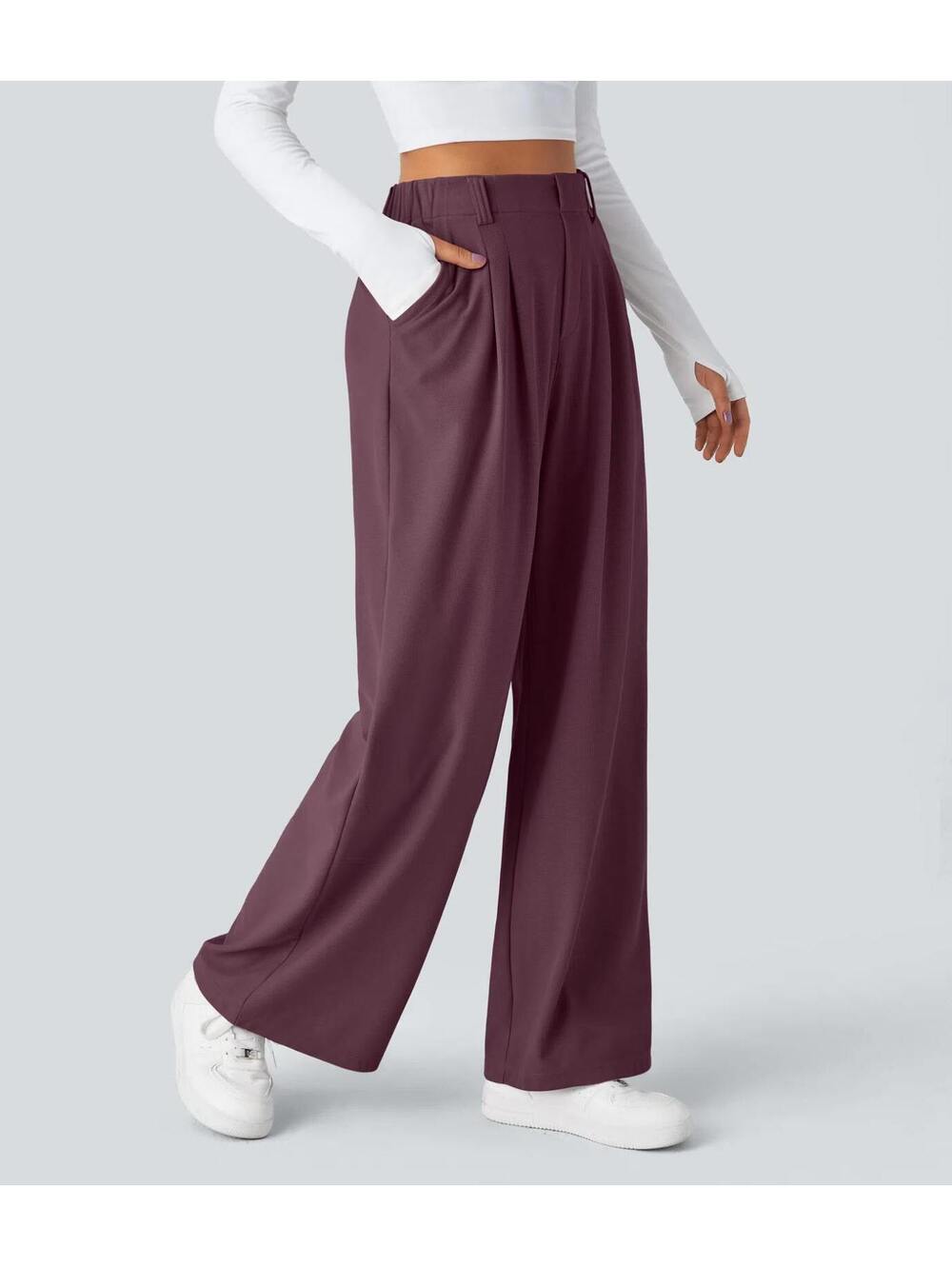 HALARA High Waisted Pocket Wide Leg Waffle Plum Work Pants Size L Regular